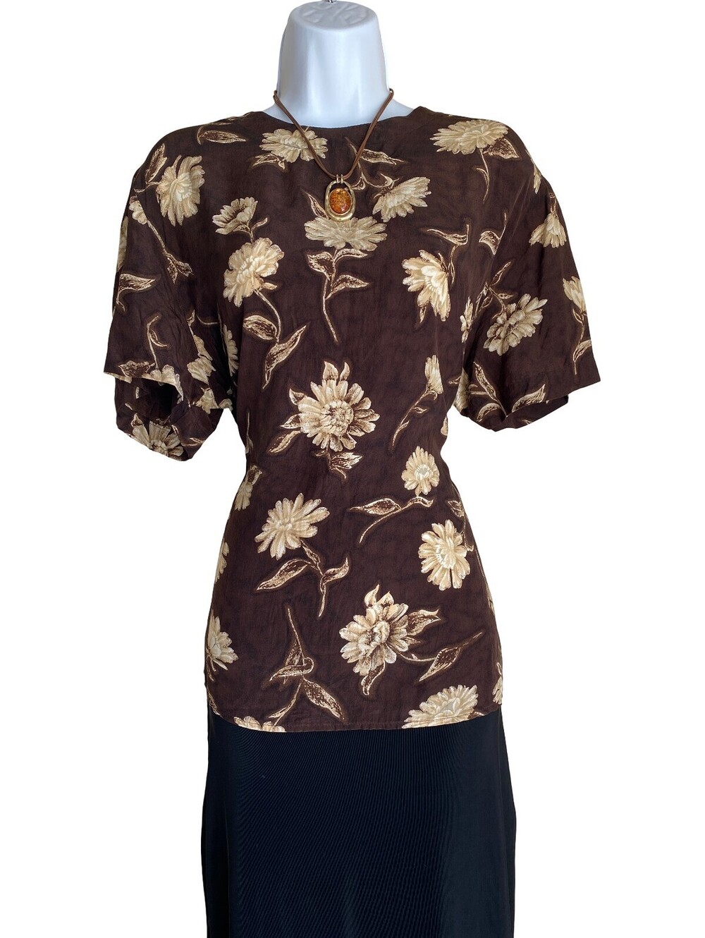 VTG Jones New York 100% Silk Plus Size 16 Brown Floral Blouse Boho Whimsigoth